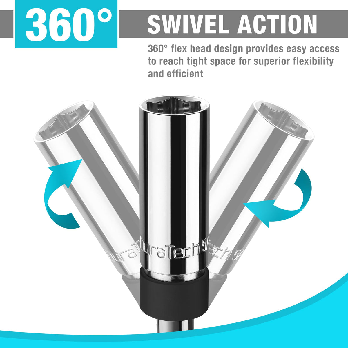 DURATECH swivel head detail demonstrating 360-degree flex access