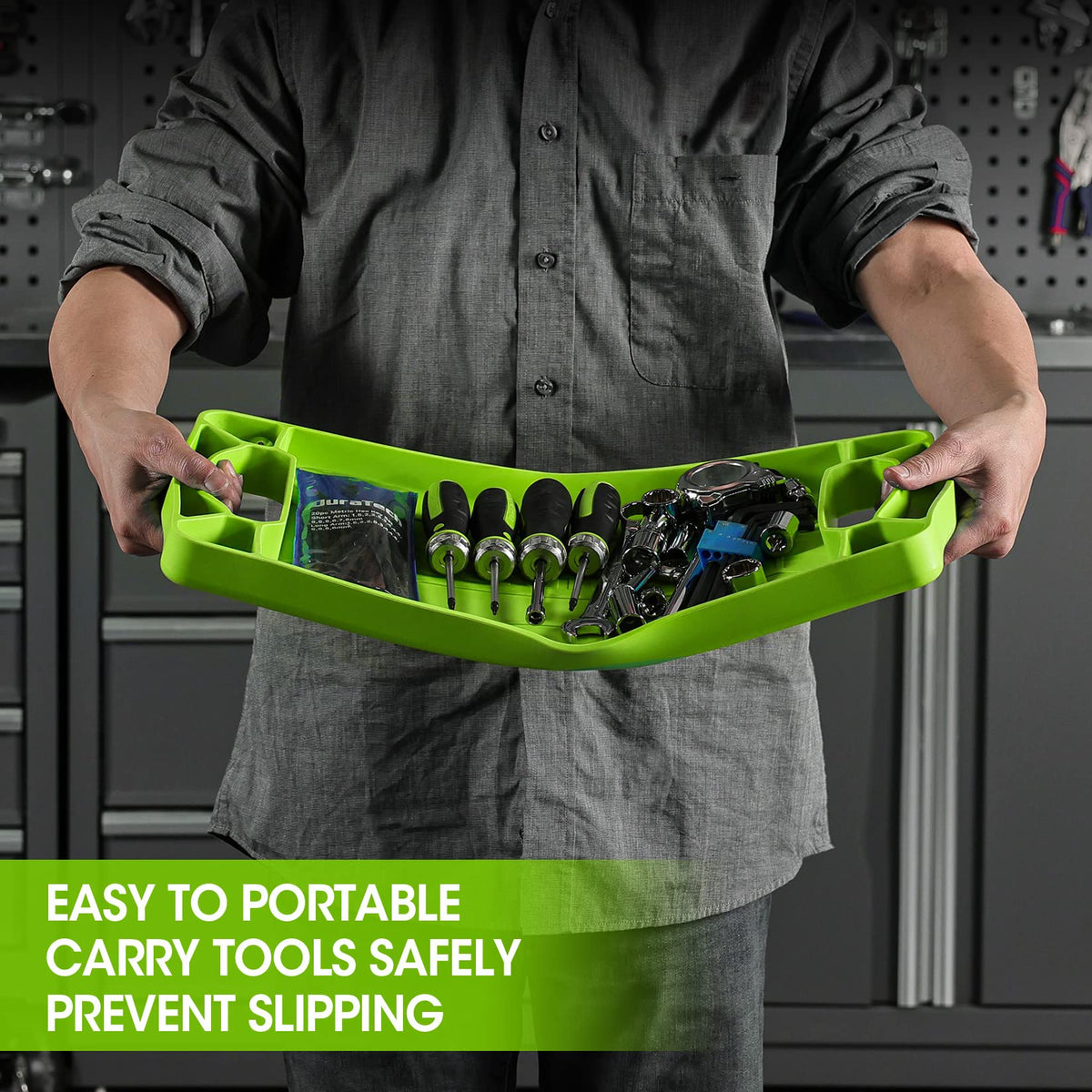 DURATECH trays in use on workbench holding wrenches and sockets for quick access