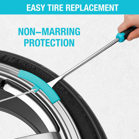 DURATECH tool in use on a motorcycle wheel demonstrating safe bead removal