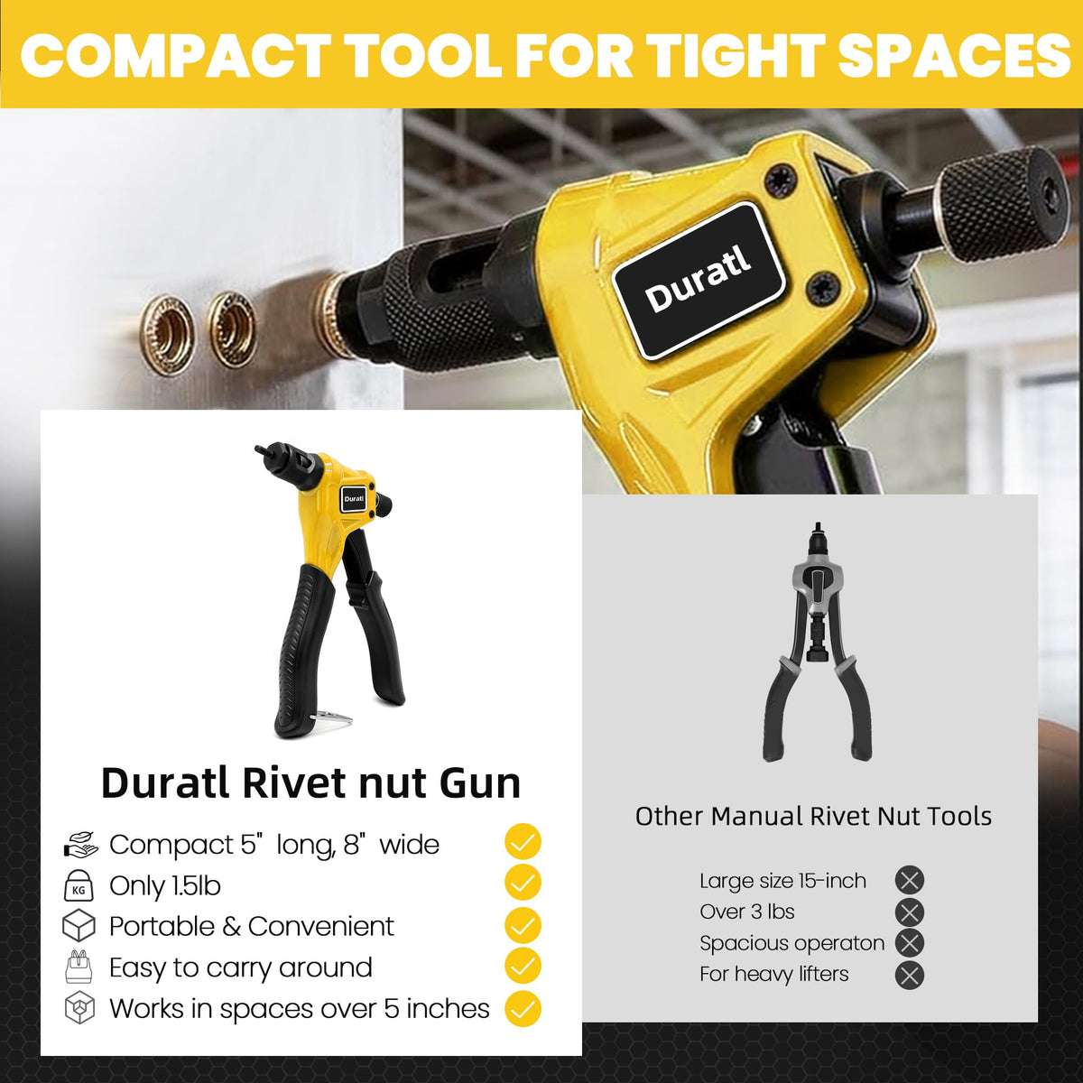 Duratl right-angle rivet nut tool close-up demonstrating compact reach advantage