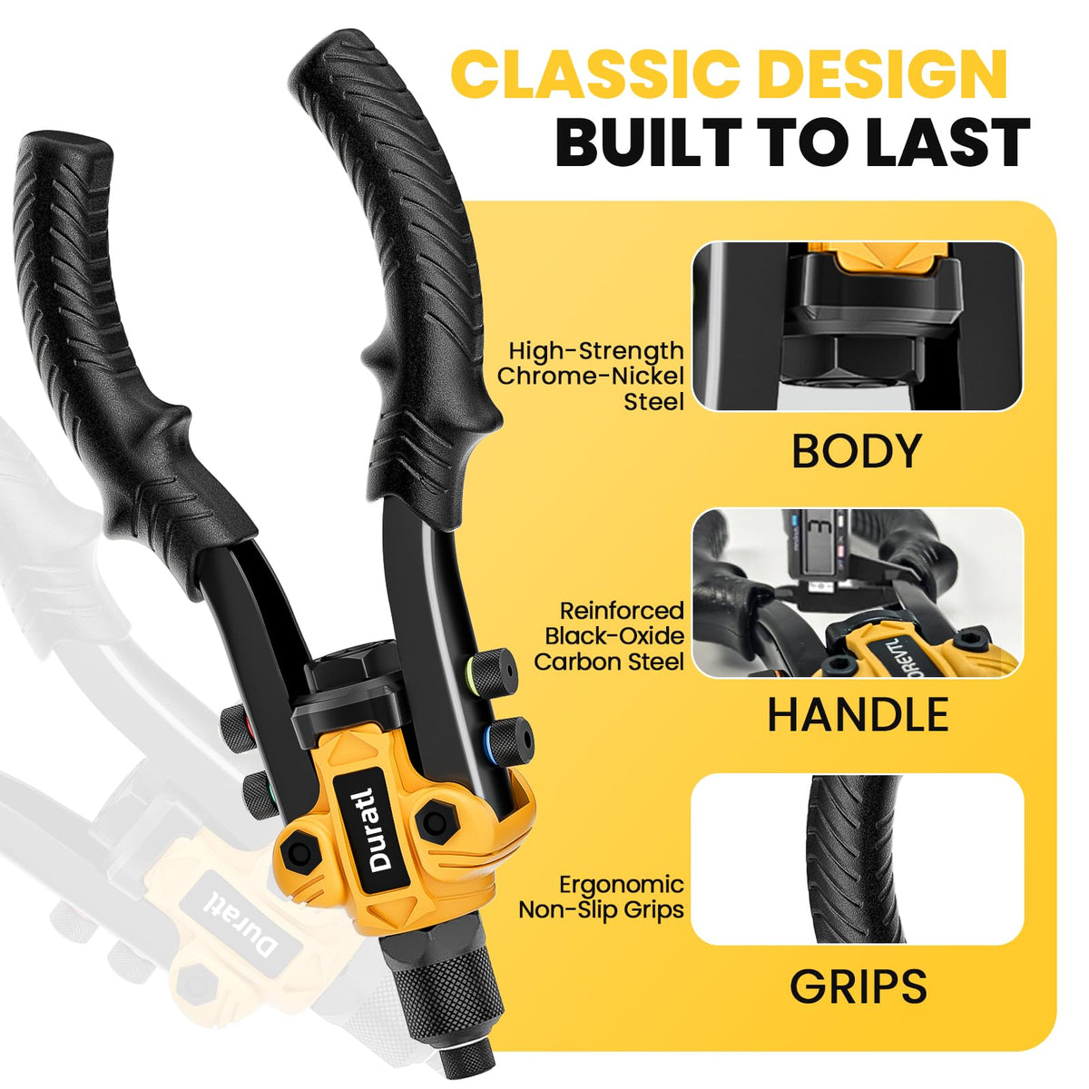 Duratl rivet gun installing a panel on a car, fast consistent fastening benefit