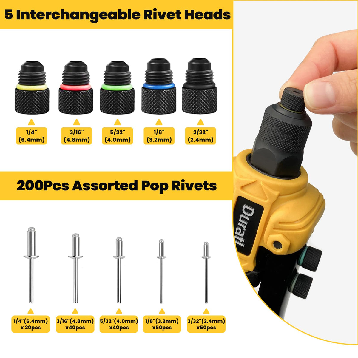 Duratl five interchangeable nosepieces laid out, quick toolless change benefit
