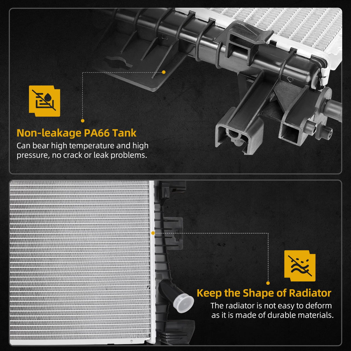 DWVO inlet and outlet tanks detail showing reinforced PA66 GF30 durability