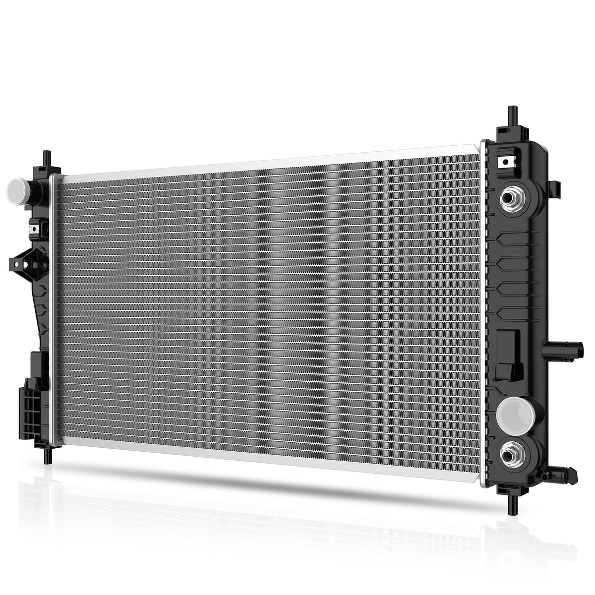DWVO radiator front view showing full assembly and OEM fit benefits