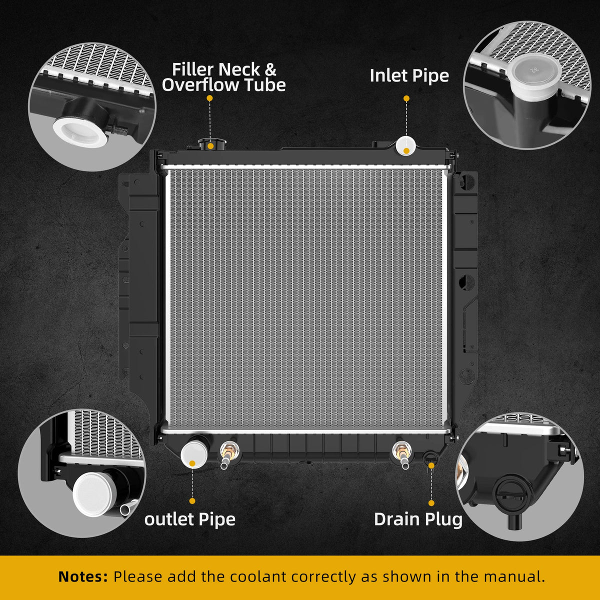 DWVO radiator installed in Jeep engine bay demonstrating direct OEM fit