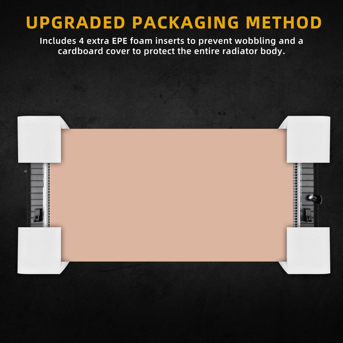 DWVO radiator next to tape measure showing 34-inch scale for fit verification
