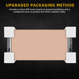 DWVO radiator next to tape measure showing 34-inch scale for fit verification