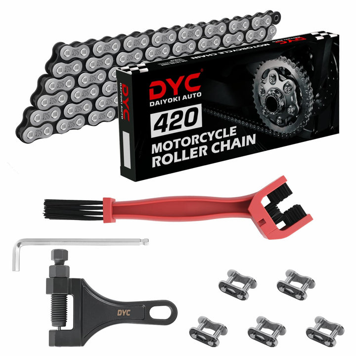 DYC DAIYOKI full 420 chain kit laid out showing tools and master links for quick fit