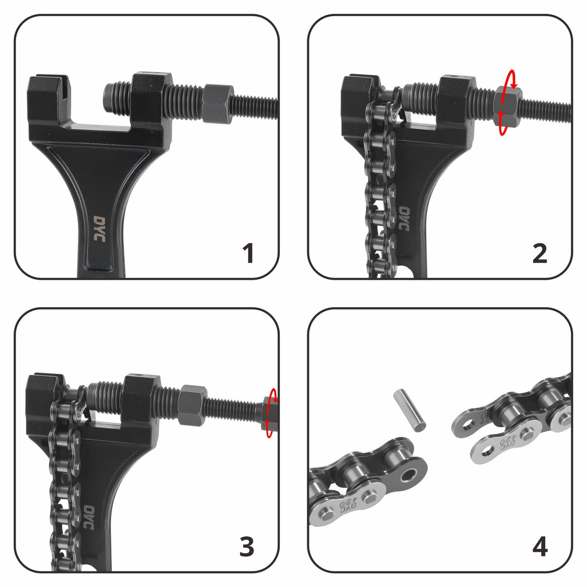 DYC DAIYOKI chain breaker tool in use for precise link removal and sizing