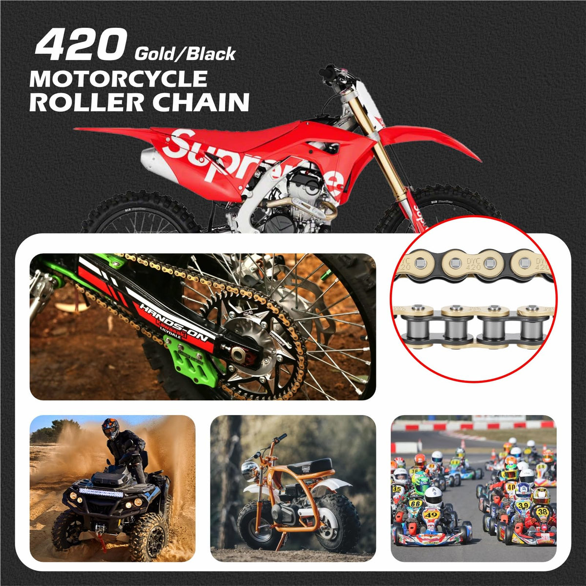 DYC DAIYOKI chain beside ruler and sprocket showing 132-link scale and cut-to-fit benefit