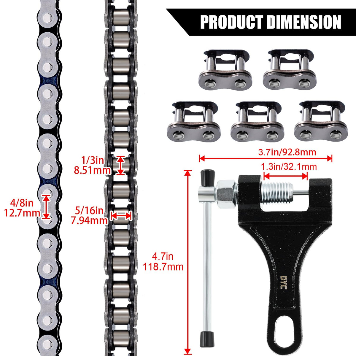 DYCTAHO close-up of 428H chain link detail displaying durable steel construction