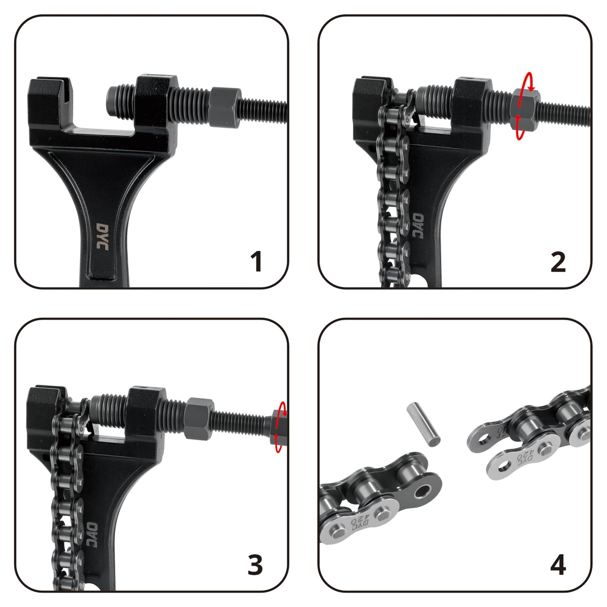 DYCTAHO chain breaker tool in hand demonstrating easy link removal for fast sizing