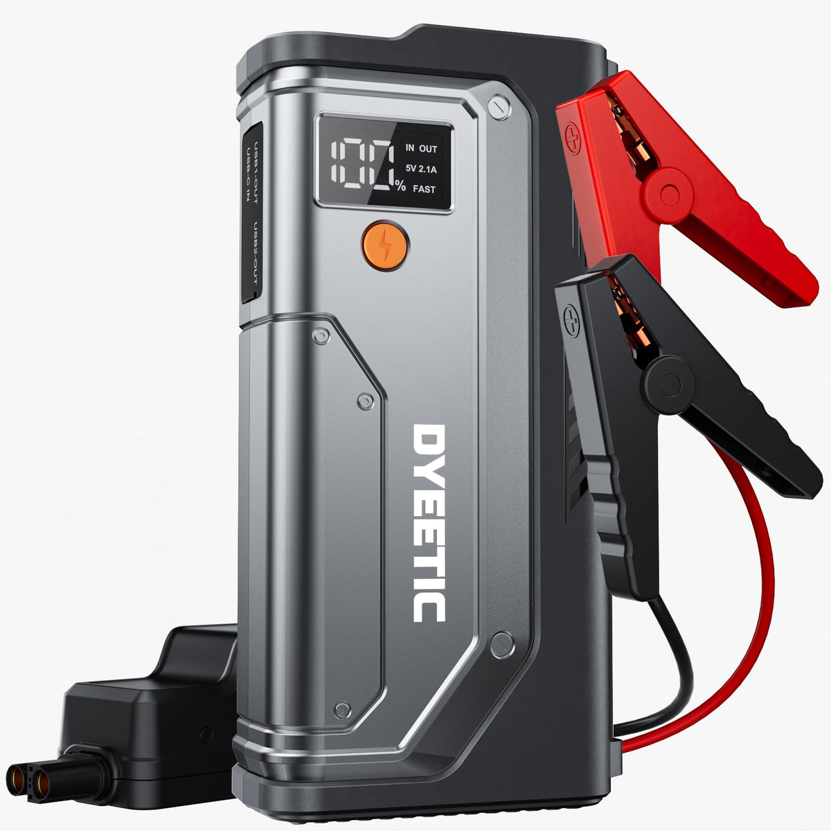 Dyeetic 7000A front view showing compact jump starter and ports for easy storage