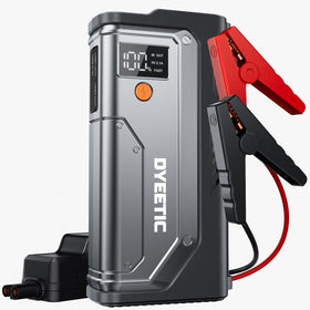 Dyeetic 7000A front view showing compact jump starter and ports for easy storage