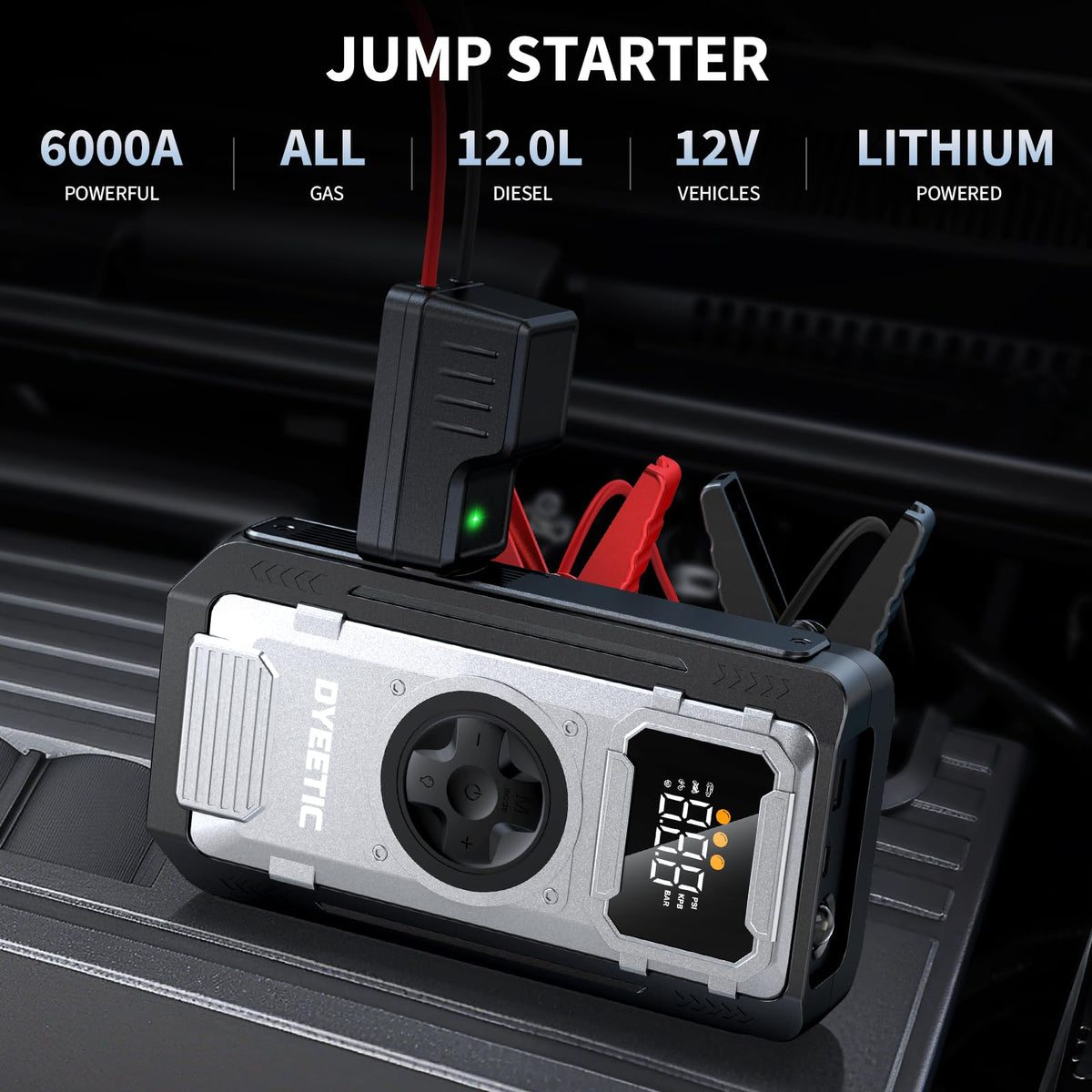Dyeetic smart LCD display close-up showing battery level and tire pressure for quick checks