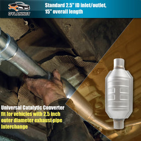 Dylannet catalytic converter beside ruler showing 13 inch length and 2.5-inch inlet for correct fitment