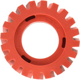 Dynabrade eraser wheel front view showing RED-TRED face and compatibility, durable removal benefit