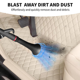 Dynaiency blow gun in use cleaning car interior crevices, speeds cleaning