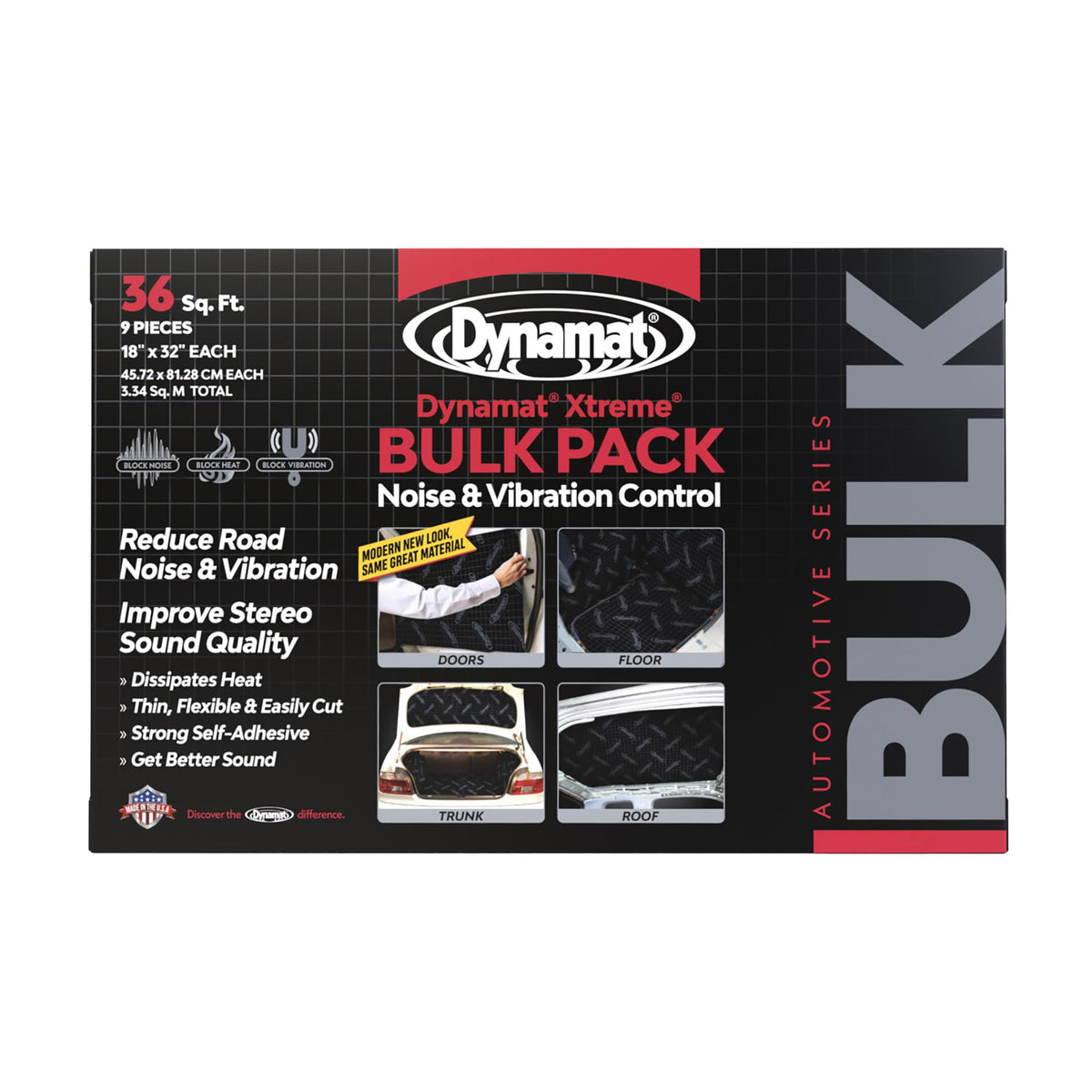 Dynamat Xtreme front pack showing bulk nine-sheet kit and coverage benefit