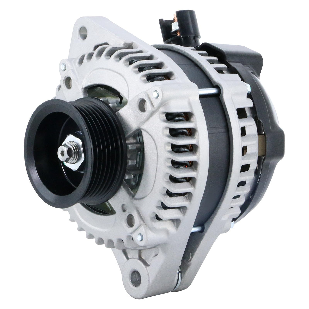 DynaVim Parts alternator front view showing mounting points and electrical plug for easy replacement