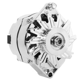 DynaVim Parts chrome 10SI alternator front view showing mounting points and polished finish