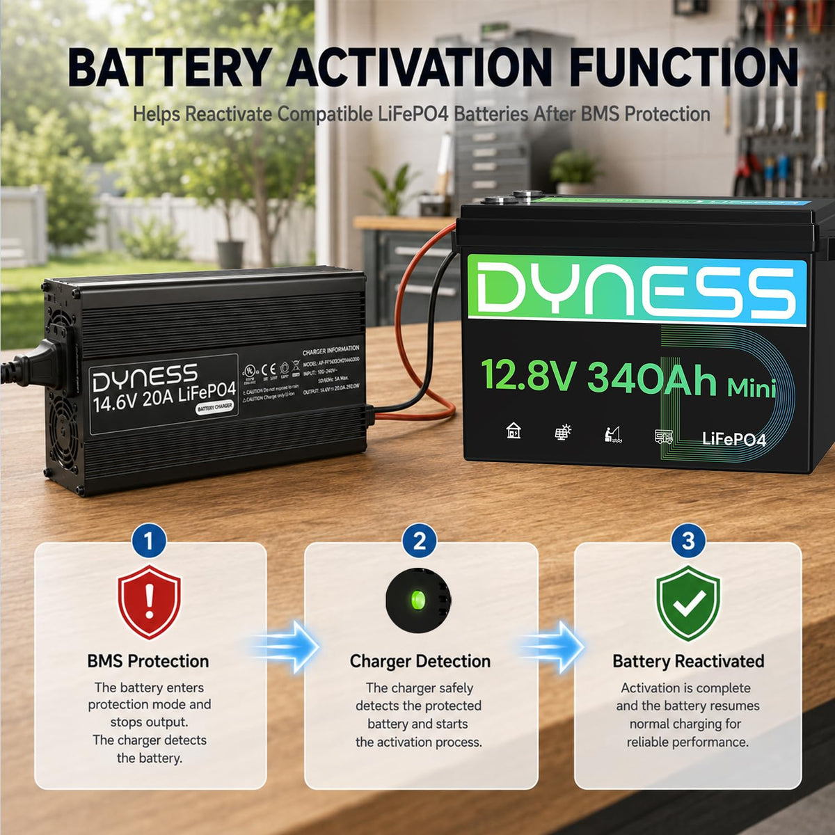 Dyness LED status panel illuminated indicating charging and error information
