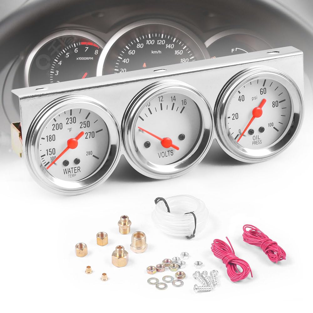 Dyno Racing front view of triple gauge kit showing chrome finish and clear faces