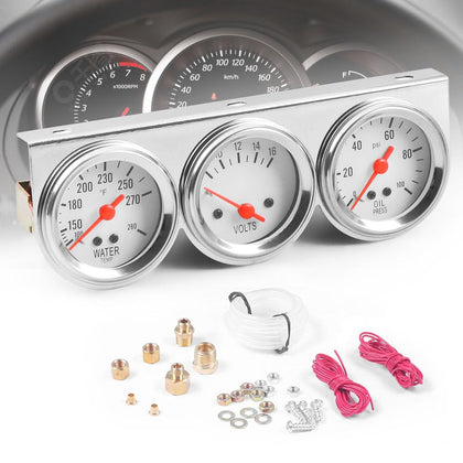 Dyno Racing front view of triple gauge kit showing chrome finish and clear faces