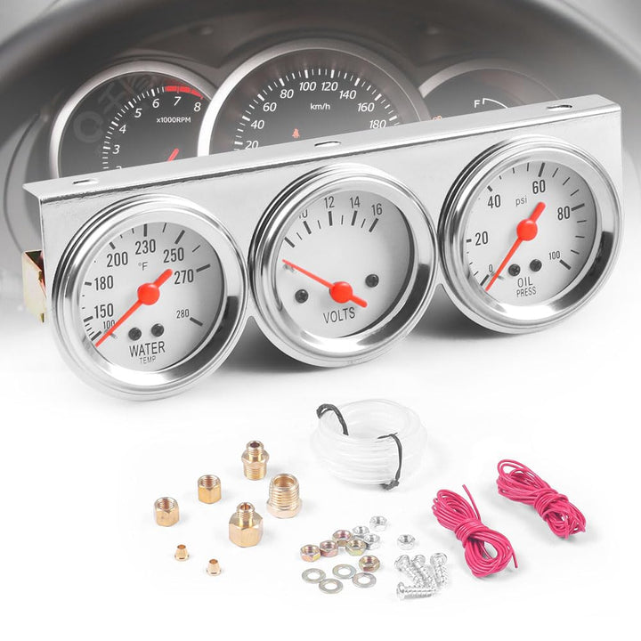 Dyno Racing front view of triple gauge kit showing chrome finish and clear faces