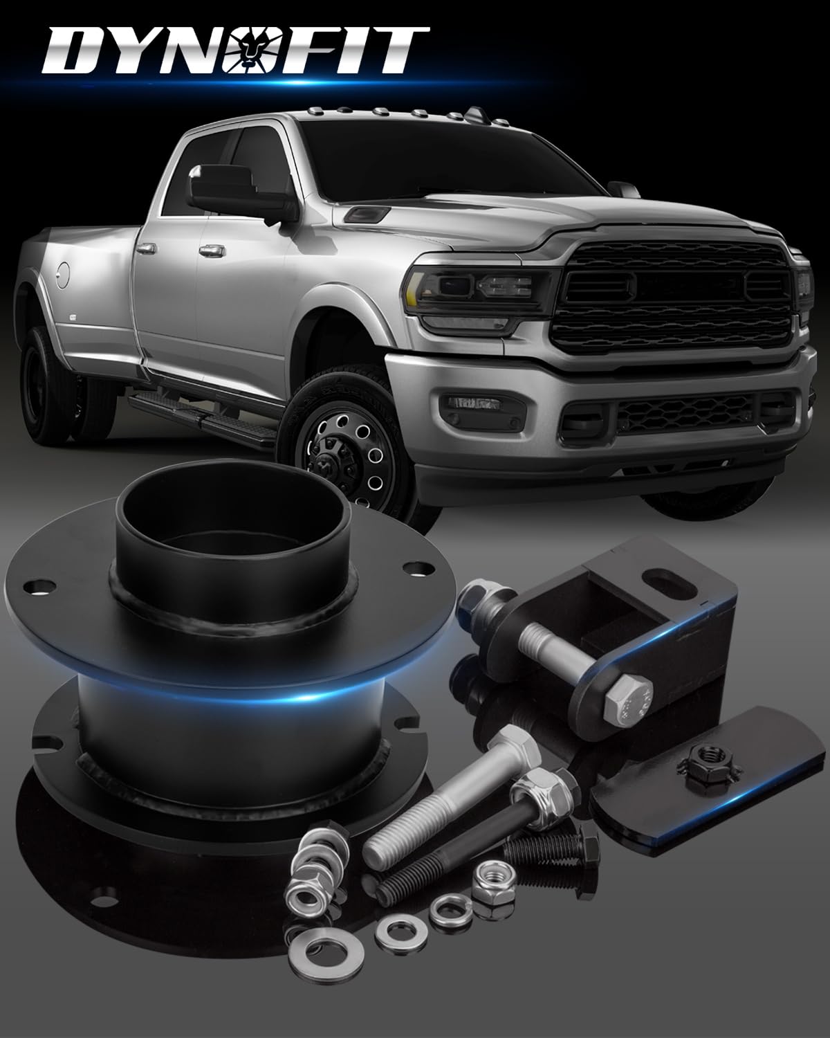 dynofit installed front view on Ram truck demonstrating three-inch clearance and improved stance