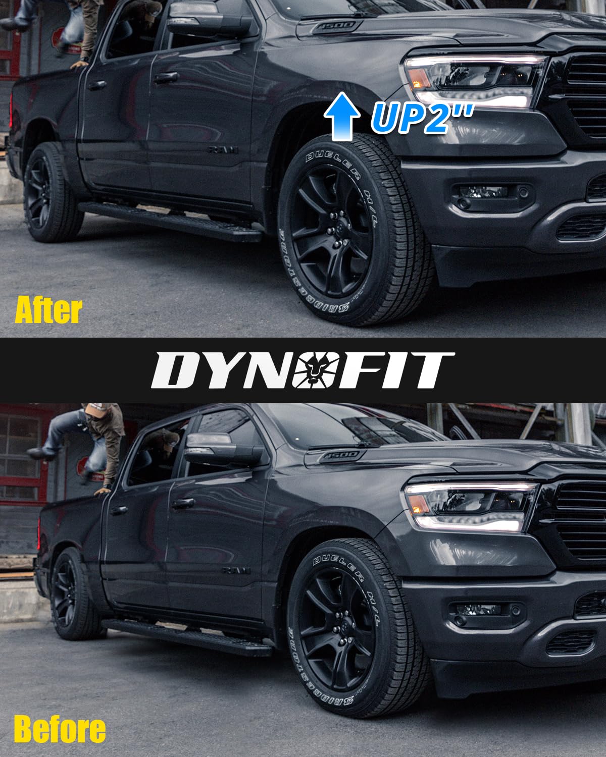 dynofit lifestyle shot of lifted truck on trail showing enhanced clearance benefit