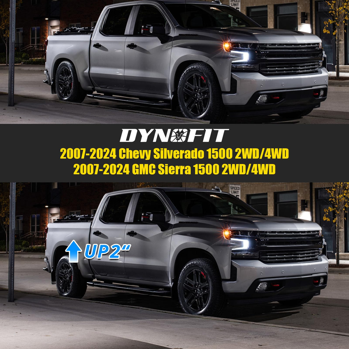 dynofit lifestyle truck driving image showing improved rear height and towing readiness