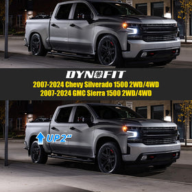 dynofit lifestyle truck driving image showing improved rear height and towing readiness