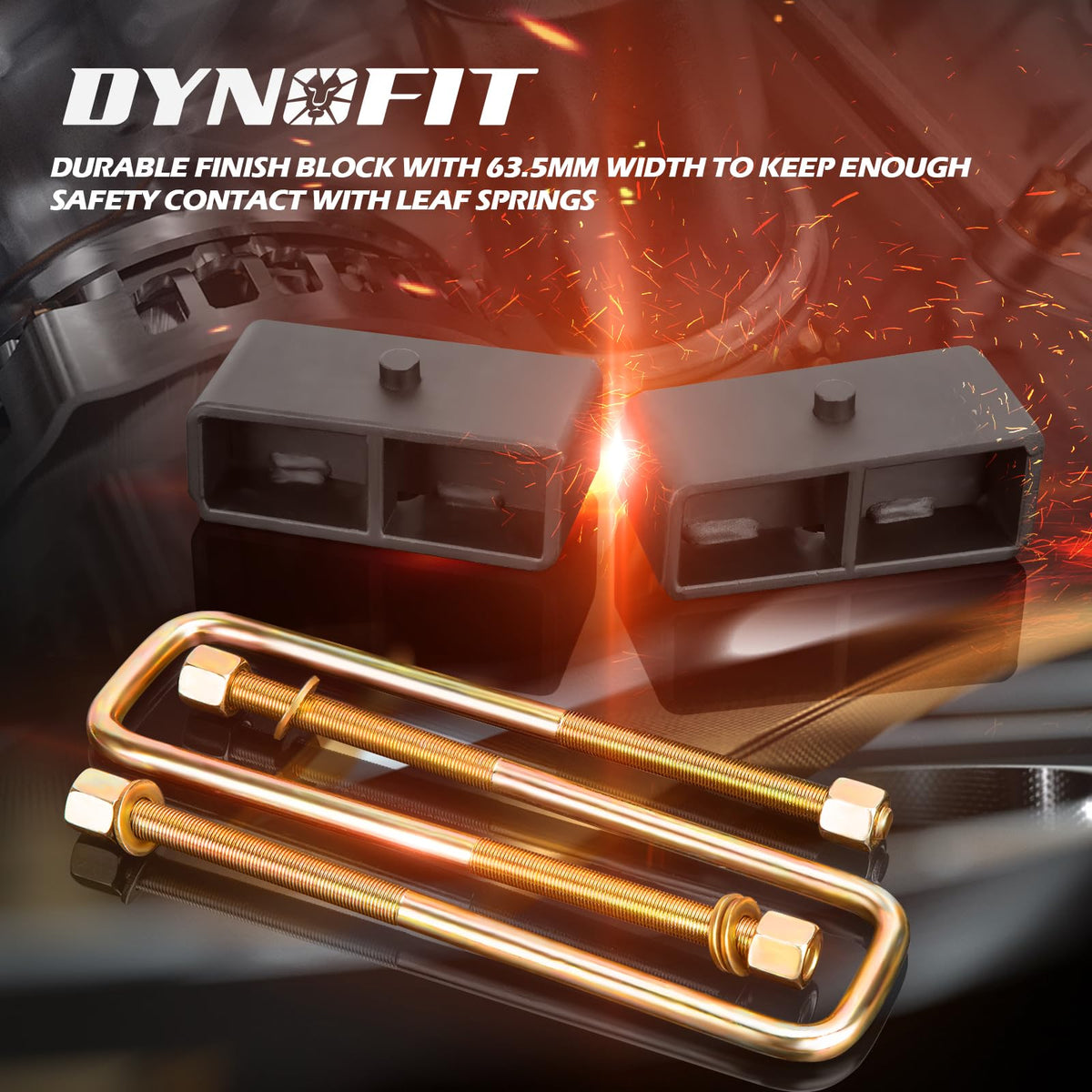 dynofit packaging contents laid out displaying blocks and u-bolts for easy inventory