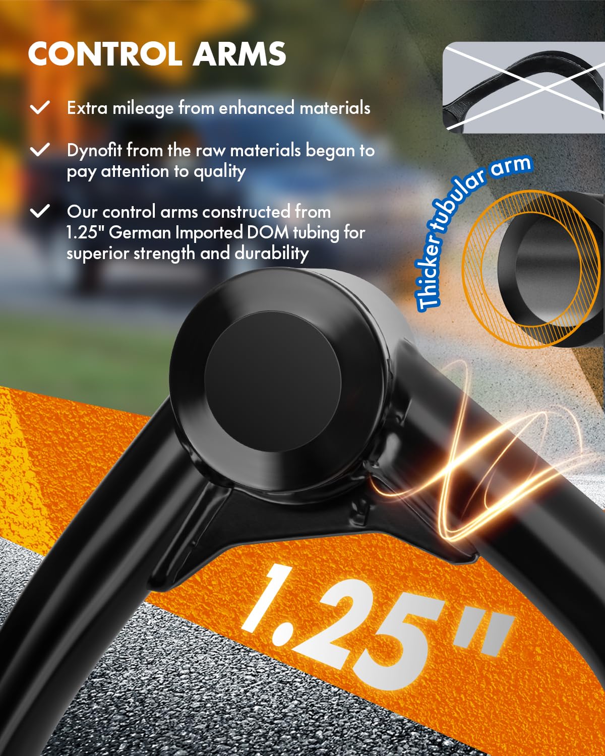 dynofit control arm beside ruler to show scale for correct fitment verification