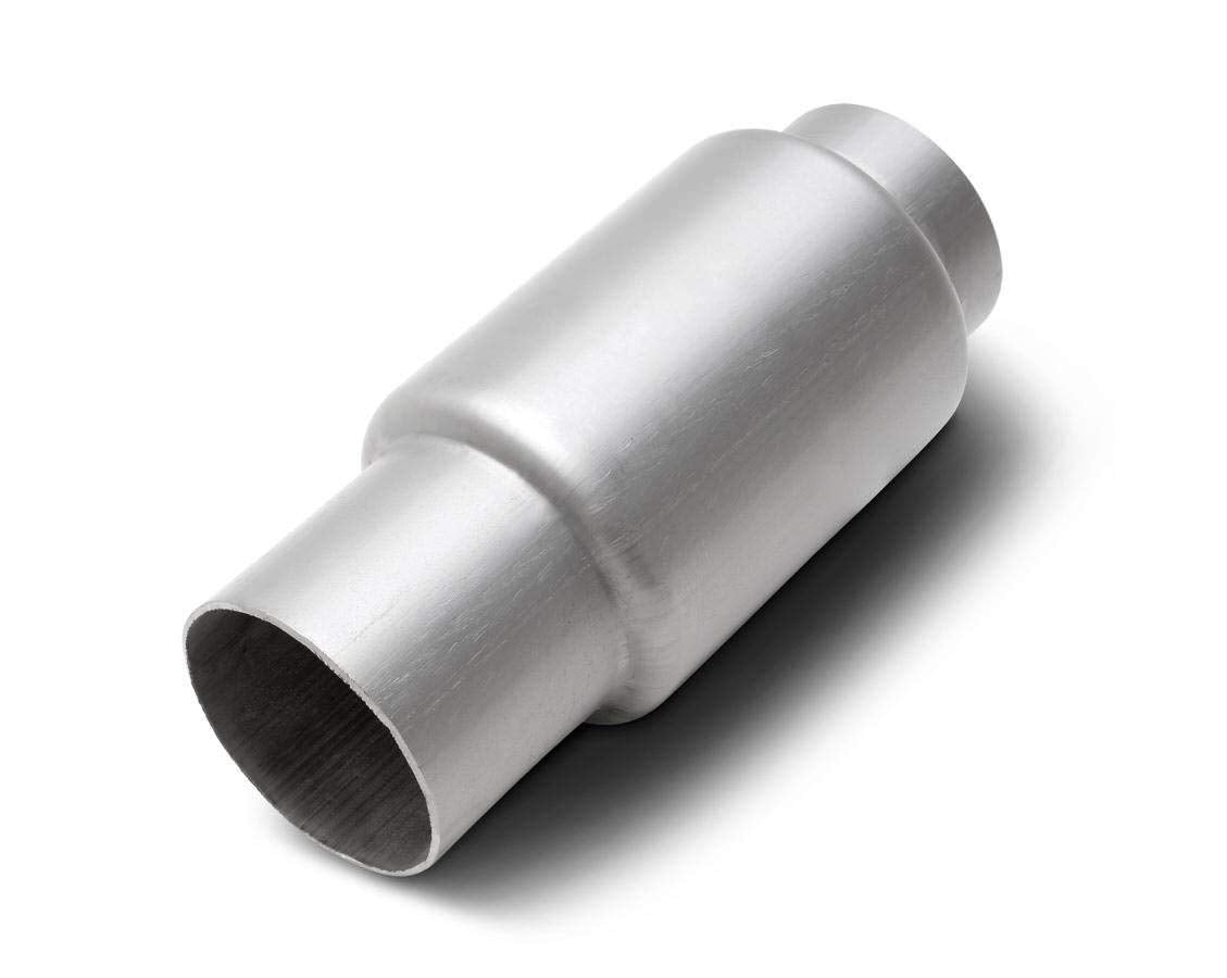 Dynomax Race Bullet 24250 front angle view showing compact welded body and high-flow design