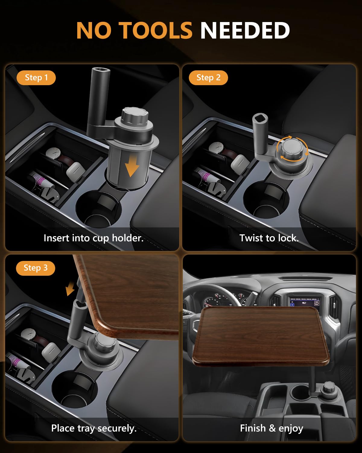 DYNVEX tray holding meal and drink showing stable dining convenience in car