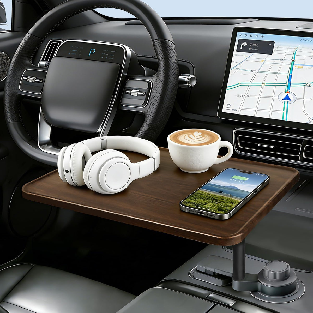 DYNVEX front view installed in car cup holder showing tidy workspace benefit