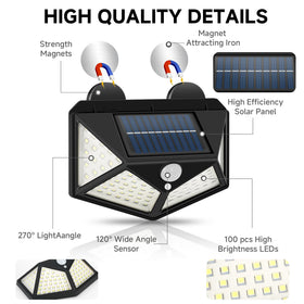 DZGKGM closeup of solar panel and 100 LEDs highlighting efficient charging and wide-angle light