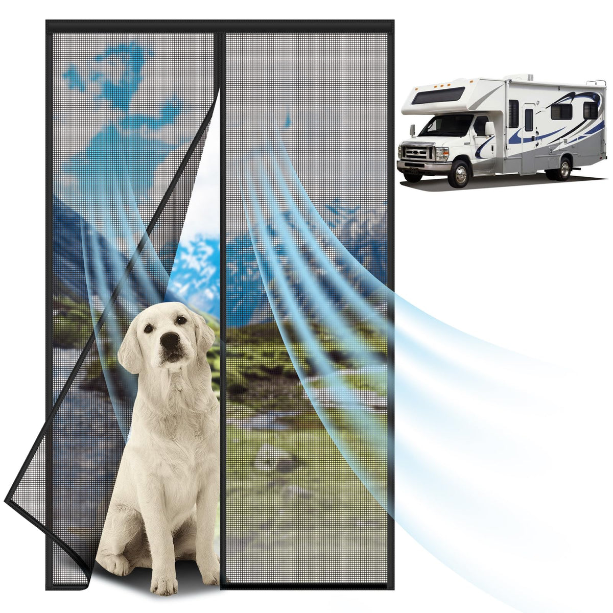 DZGKGM front view installed on RV door showing insect protection and airflow