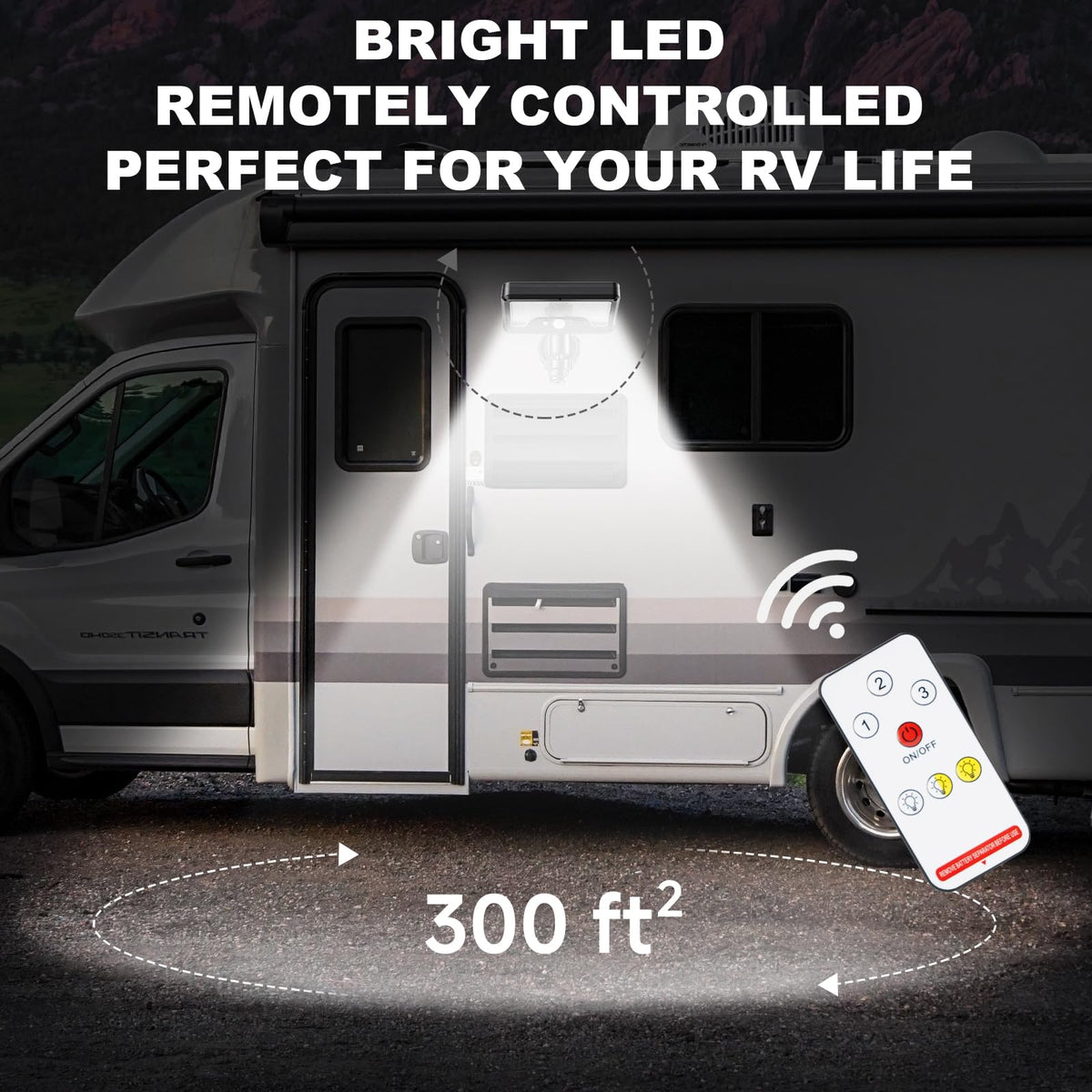 DZGKGM installed under awning lifestyle shot providing even, adjustable campsite lighting