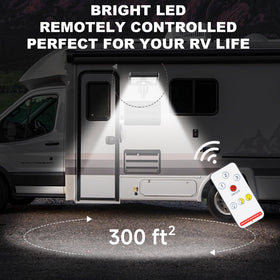 DZGKGM installed under awning lifestyle shot providing even, adjustable campsite lighting