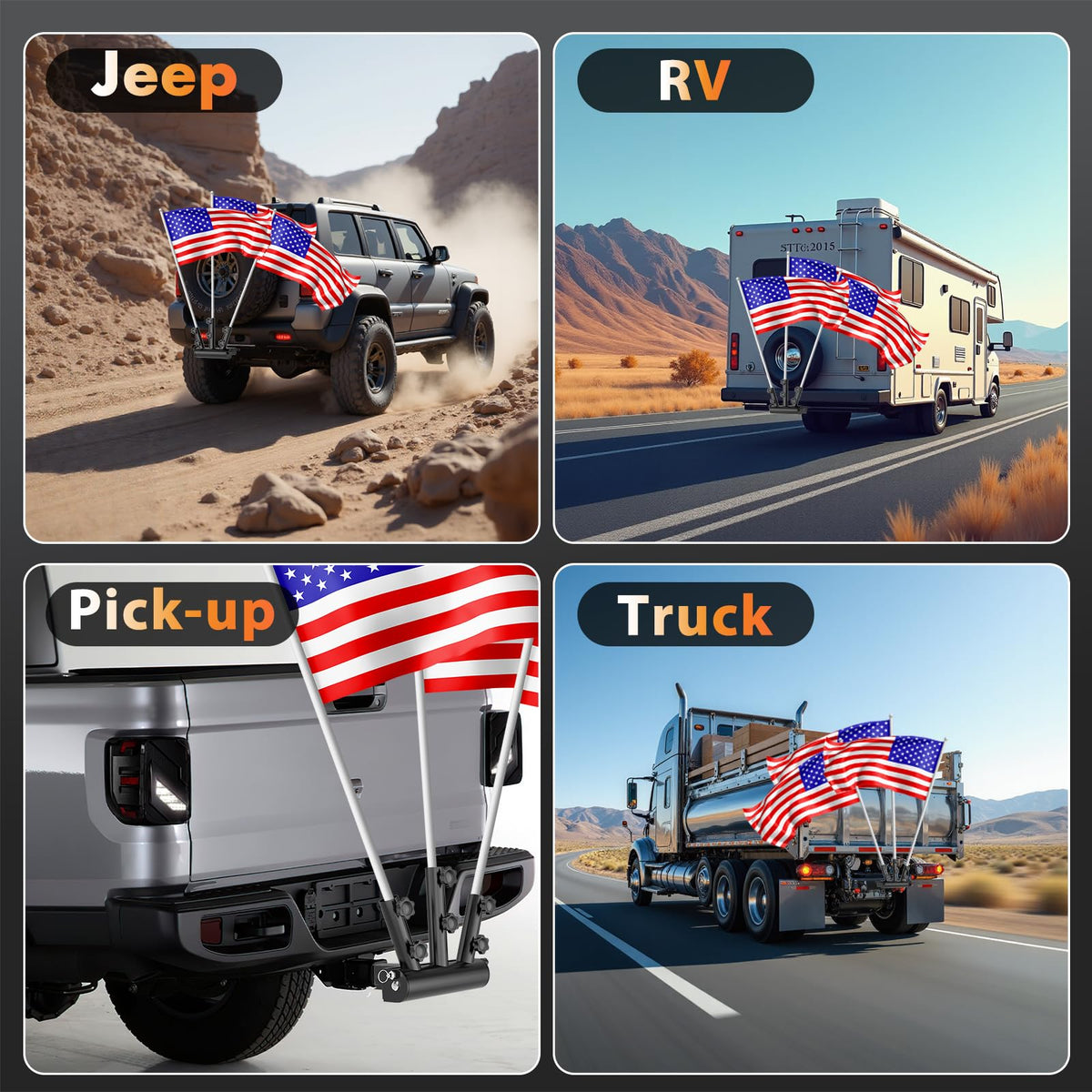 DZGKGM lifestyle scene at RV campsite showing mounted flags and enhanced outdoor presence
