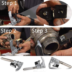 E-cowlboy in use on pipe demonstrating onsite thread restoration