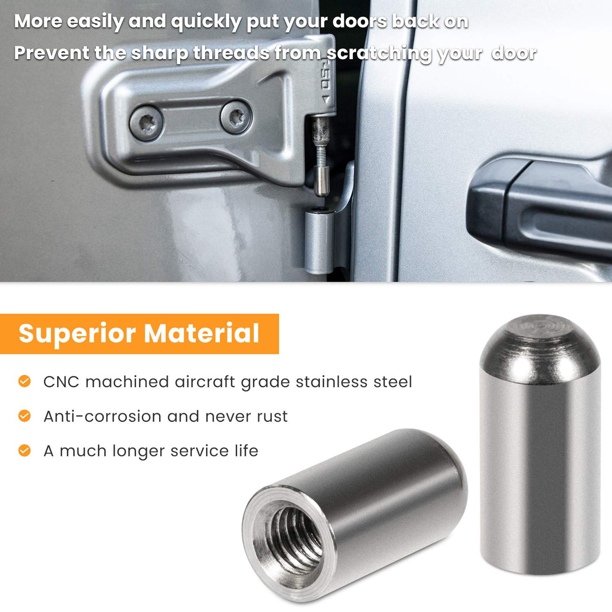 E-cowlboy ABS door pin guide detail showing durable fit and alignment benefit