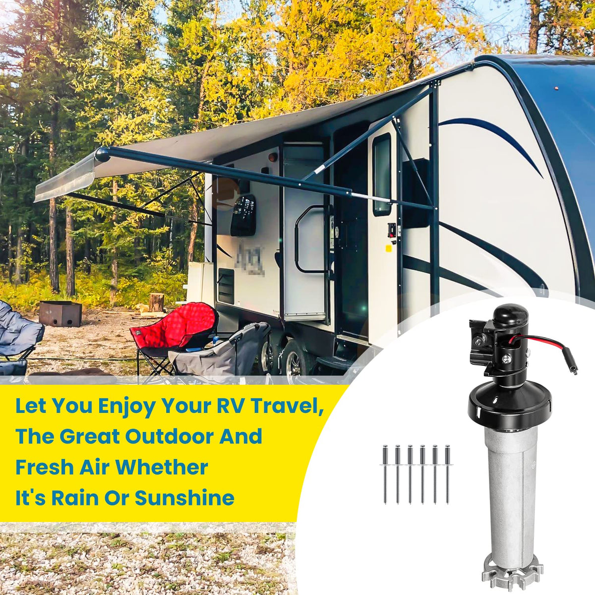 E-cowlboy installed on RV patio awning in outdoor lifestyle setting showing usability