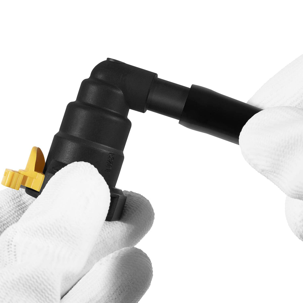 E-cowlboy yellow locking tab closeup showing quick-release feature for future filter service