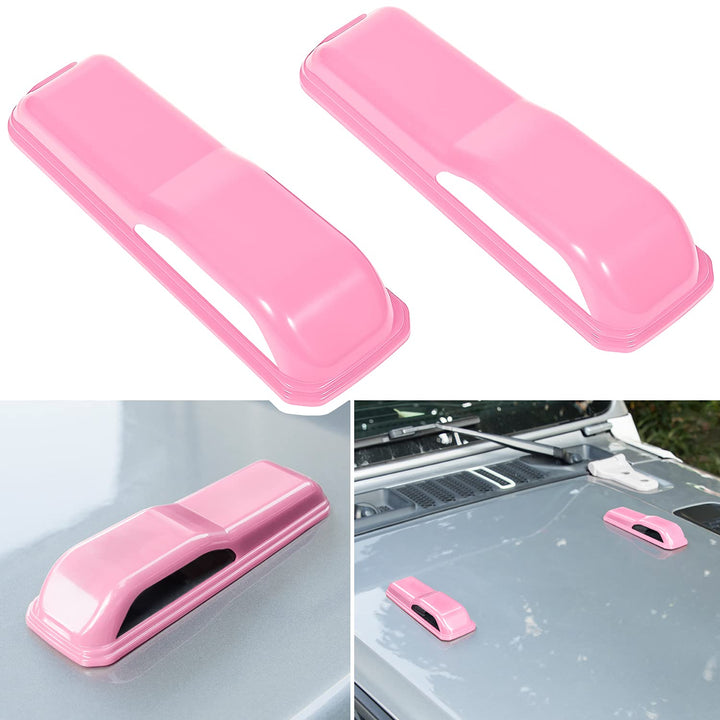 E-cowlboy hood hinge front view showing pink trim and neat fit benefit