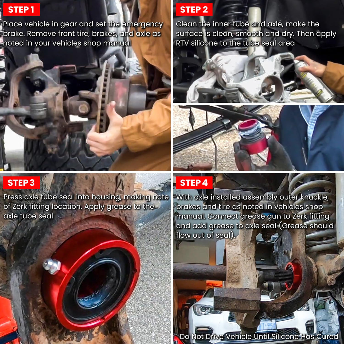 E-cowlboy installation tool in use on Jeep showing faster, safer axle seal replacement