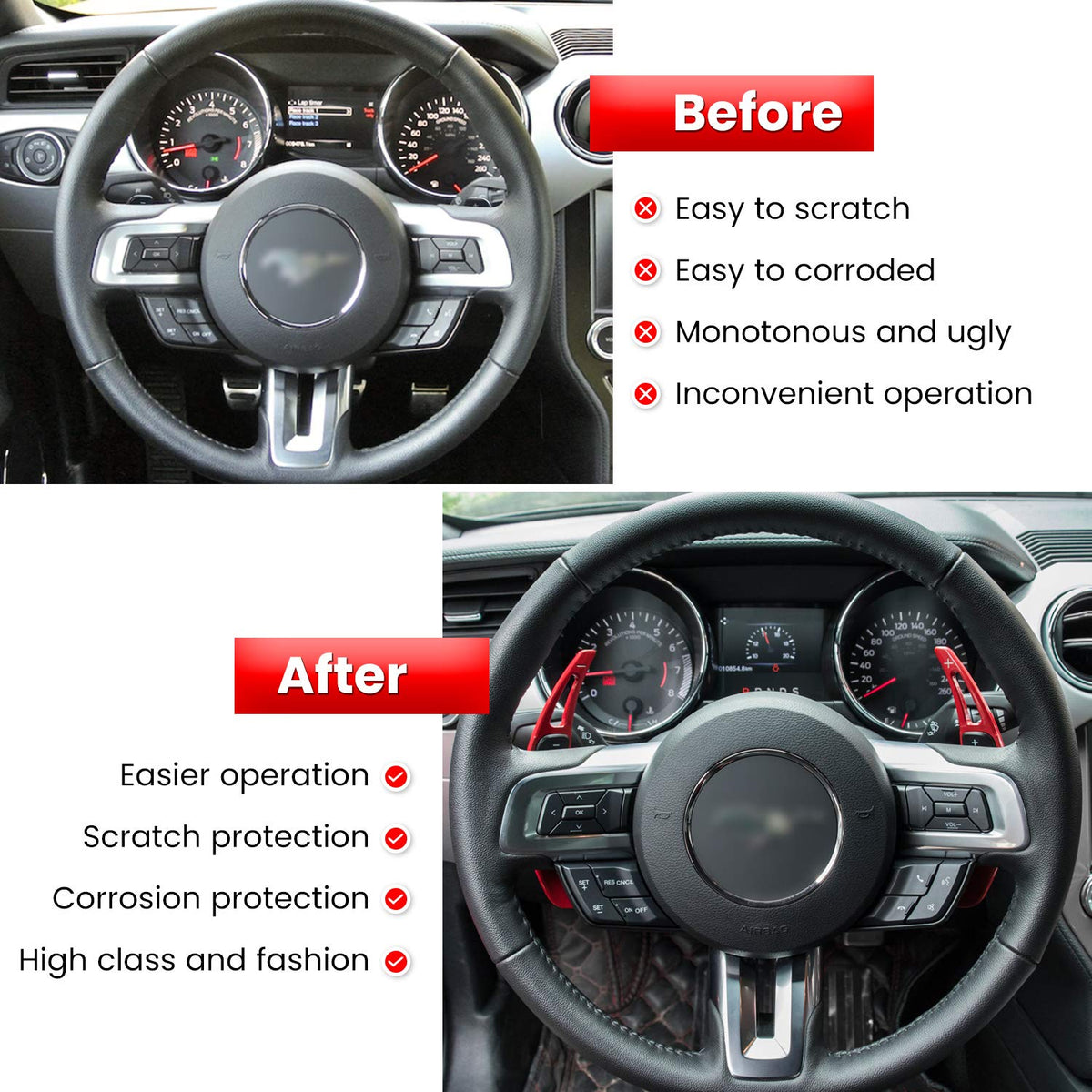 E-cowlboy installed on Mustang interior showing improved aesthetics and ergonomic benefit
